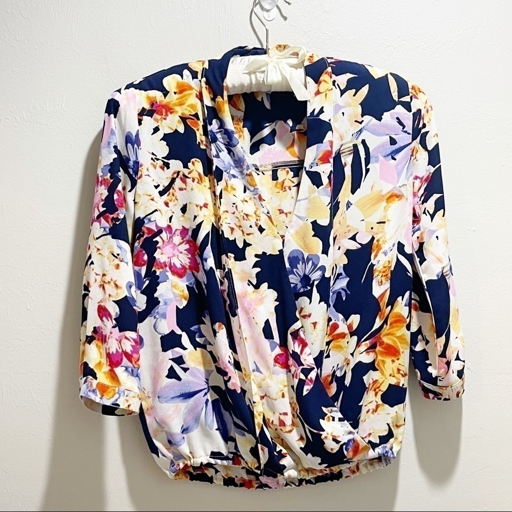 THREE EIGHTY TWO REVOLVE Blue Floral Surplice Top